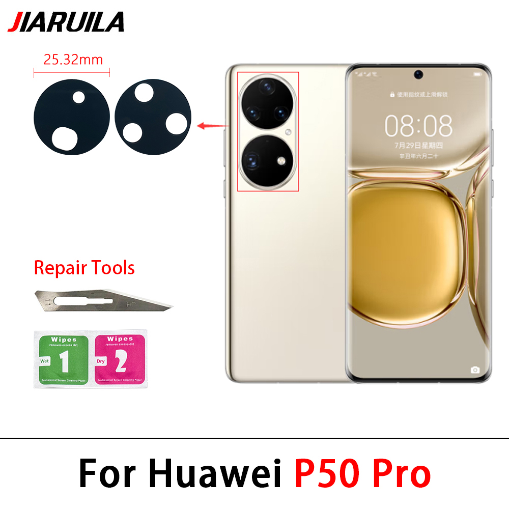 100% NOWOŚĆ dla Huawei P50 P40 Lite 5G P40 Lite E P40 P30 Lite P20 Pro Szklany obiektyw tylnej kamery z klejem + narzędzie