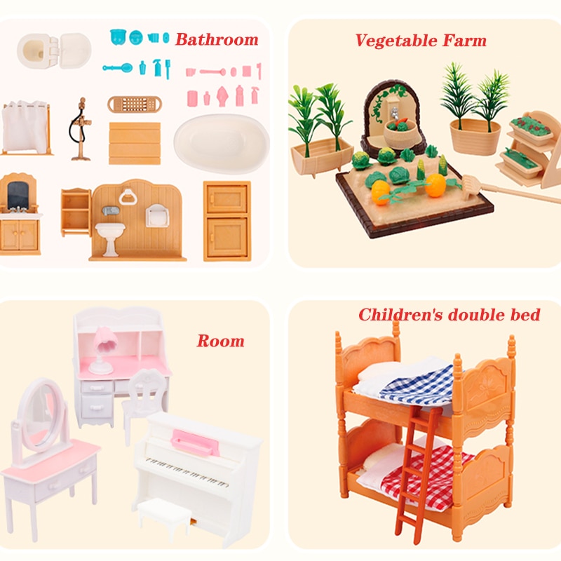 Foresta Famiglia Villa 1:12 Foresta Famiglia Felice Casa Delle Bambole Giocattolo Bambola Mobili FAI DA TE Miniatura Fluttuazione Letto Set di Giocattoli Da Bagno Prodotti