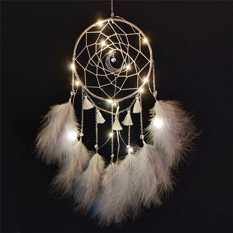 1 Pc Dream Catcher Led Handgemaakte Veren Nachtlampje Opknoping Thuis Kamer Decoratie Baby Muur Decor Voor Baby Bed Bumper decoratie: gray with light