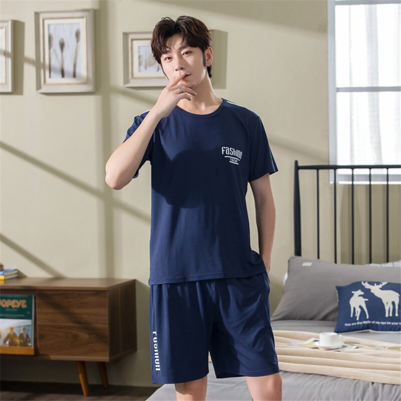 Bomuldspyjamassæt til mænd nattøj kortærmet pyjamas hombre pyjamas mænd afslappet hjemmetøj natskjorte+bukser