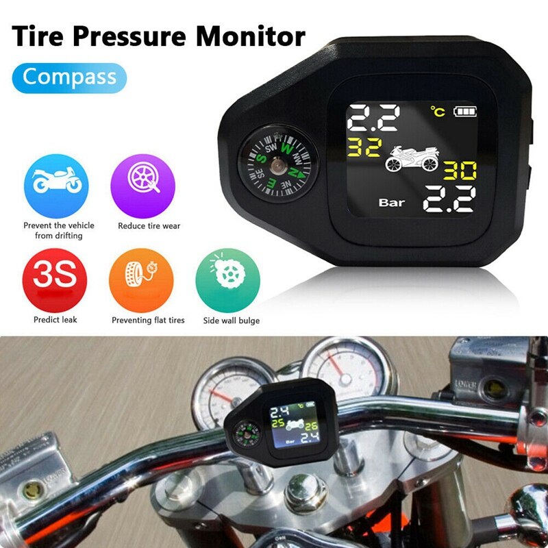 USB Solar Charging Motorcycle TPMS with Compass Tire Pressure Temperature Monitor Alarm System with 2 External Sensors