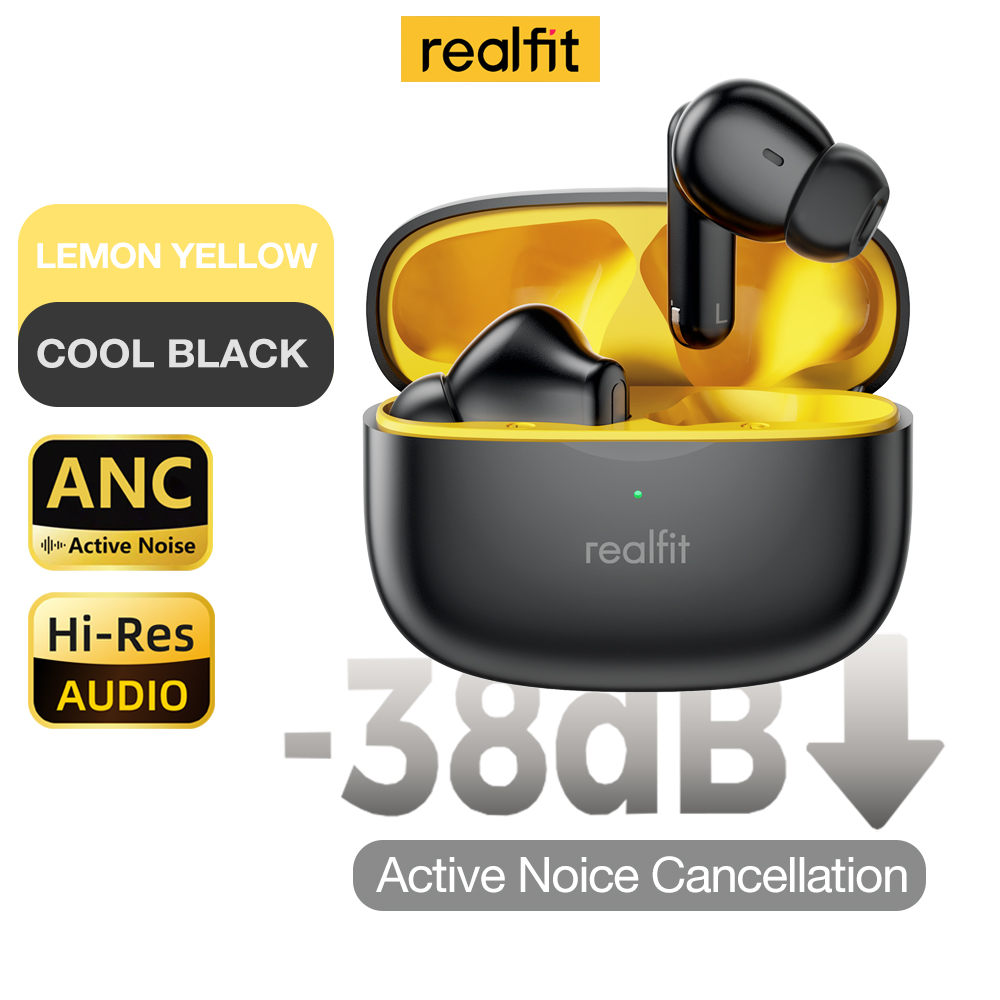 Realfit F3 ANC Cancellazione attiva del rumore Auricolari Bluetooth Chiamata ENC HIFI stereo superbo basso Auricolari senza fili sport gioco: nero