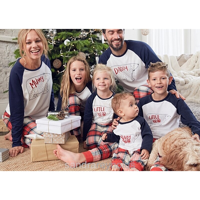 Christmas Family Costumes Suits Mom Dad Girls Boys Party Vetement Bear Pajamas Printed Long Sleeve Tops Plaid Pants Clothes Sets