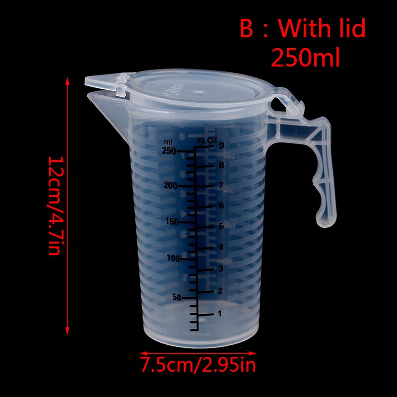 1PC 100/250/500ML Plastic Measuring Cups Jug Liquid Container Baking Kitchen Water With Cover Kitchne Accessories Mixing Cup: B250