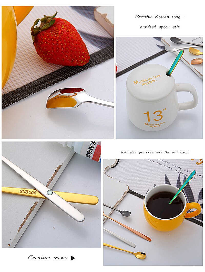 Coffee Spoon Stainless Steel Long Handle Stirring Spoon Black Gold Short Handle Square Head Spoon Kitchen Flatware