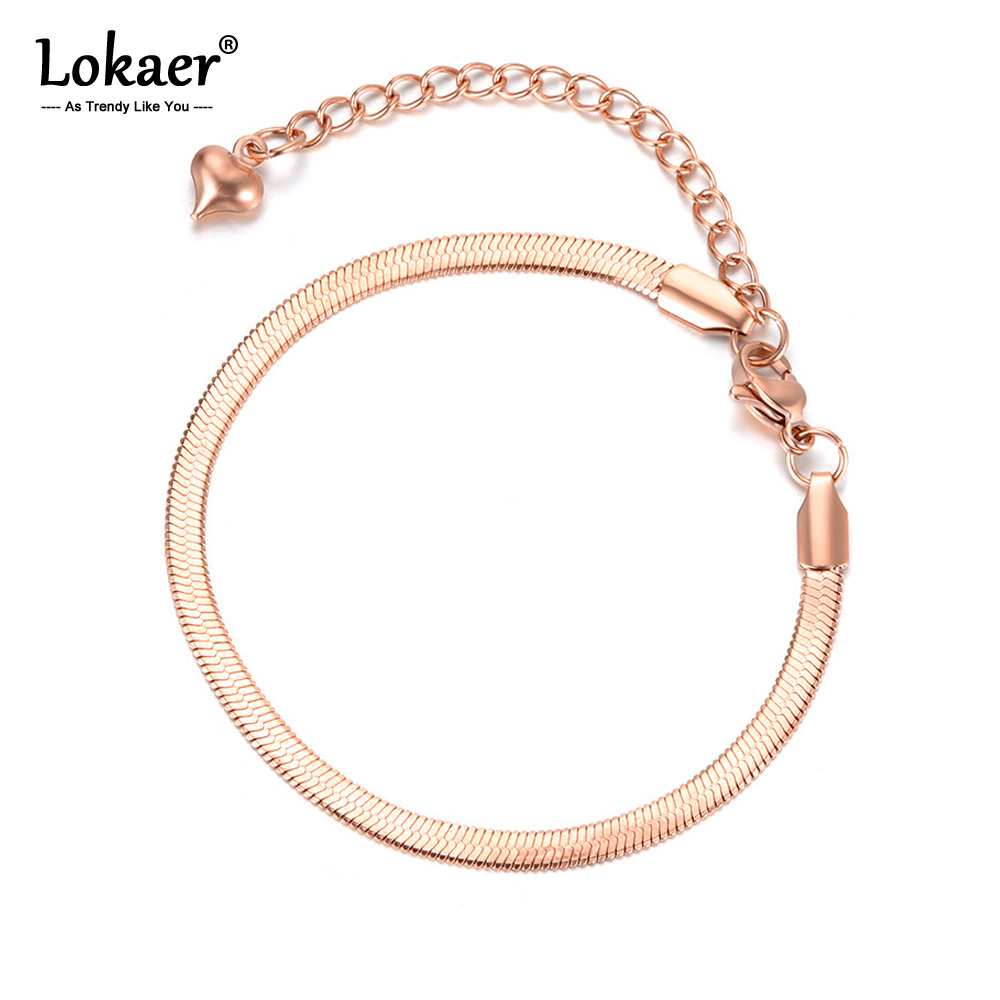Lokaer, pulseras finas de cadena de serpiente de acero inoxidable y titanio para mujeres y niñas, pulsera de hoja de Bohemia chapada en oro rosa B18075