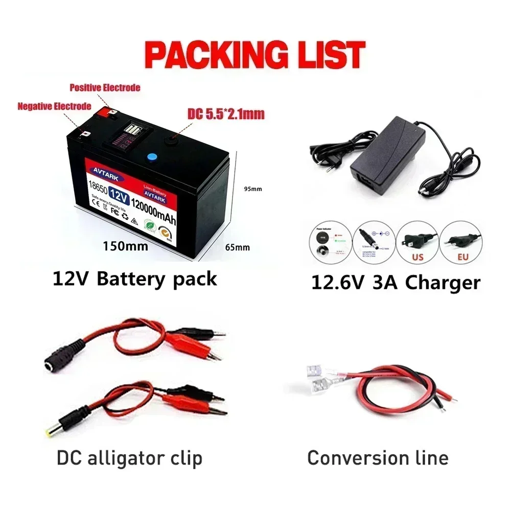 NEUER 12-V-Akku 120 Ah 18650 Lithium-Akku Wiederaufladbarer Akku für Solarenergie-Elektrofahrzeugbatterie + 12,6 V 3 A Ladegerät