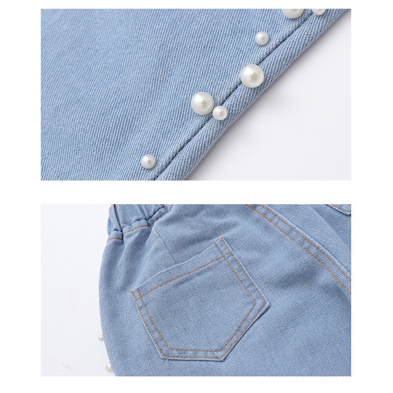 Pantalones vaqueros para bebé, ropa de primavera y verano para niña, pantalones vaqueros con cintura elástica azul perla, pantalones largos para niño, vaqueros con cuentas para niña de 4 a 12 años