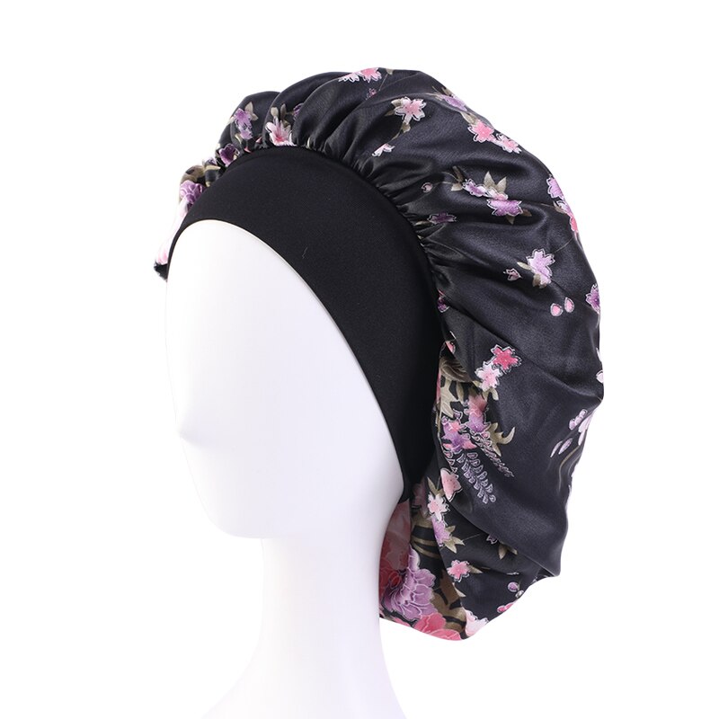 Gorro de satén liso con ajuste para el cabello para mujer, gorro de seda para dormir de noche, accesorios de estilismo para el cabello, 36cm: Black