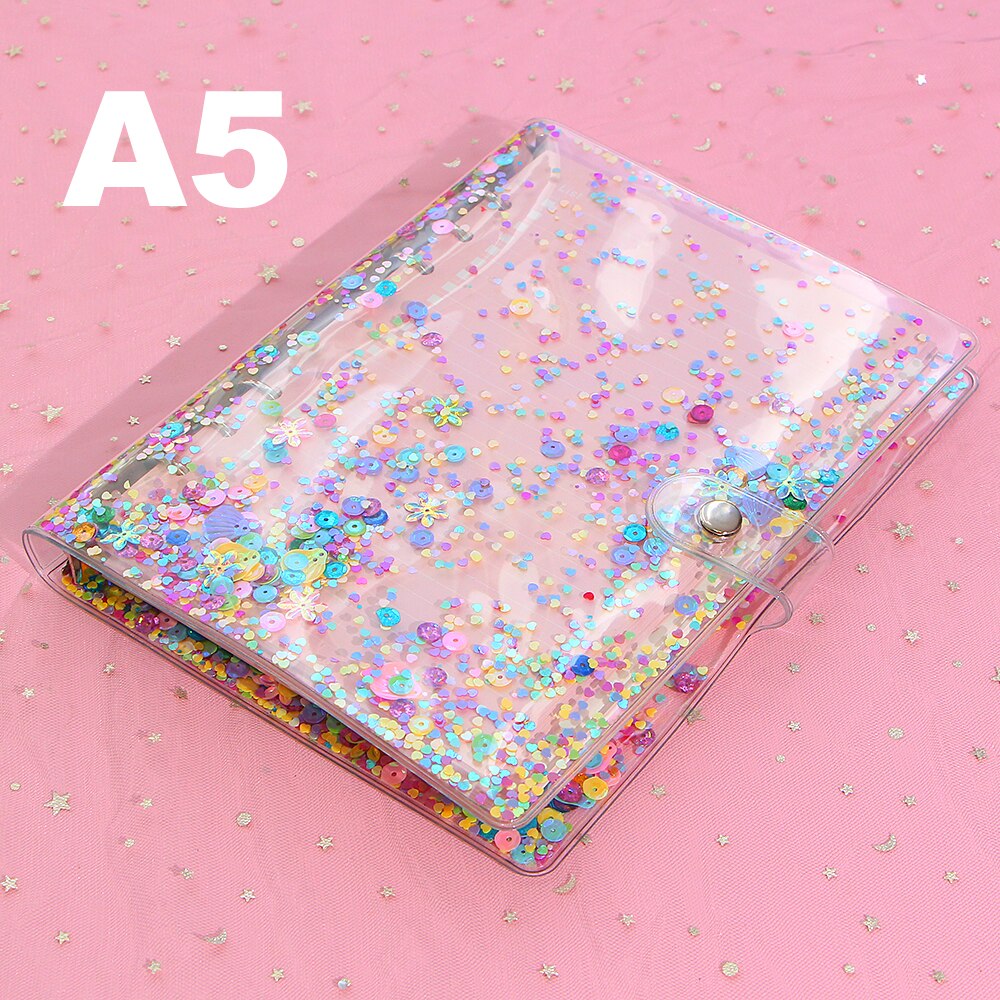 Cute Glitter Sequins Notebook Cover A5/A6 Transparent 6 Rings File Folder Loose Leaf Ring Binder Kawaii School Office Supplies: A5