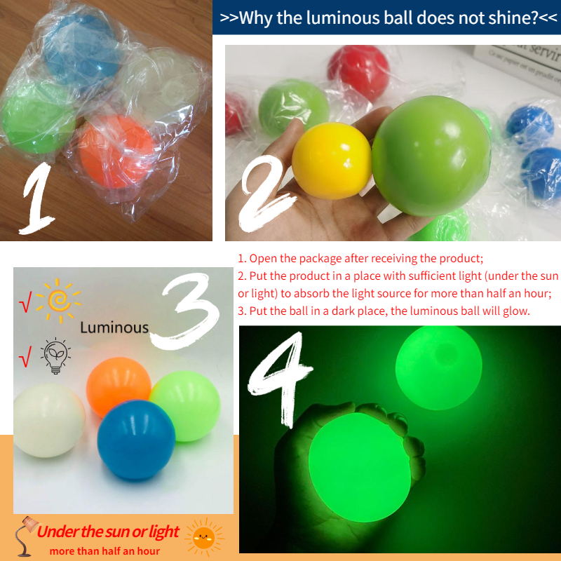 Kids Toys Stick Wall Ball 45MM/65MM Decompression Sticky Squash Ball Luminous Suction Decompression Toy