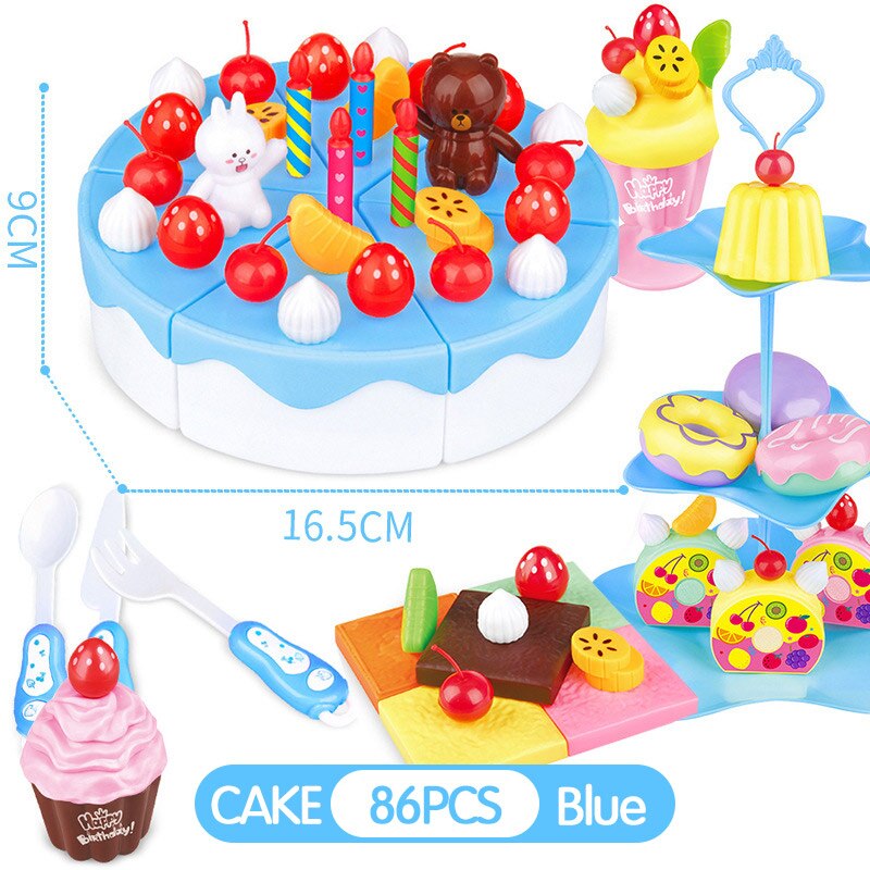 39-103Pcs Kids Cartoon Cake Pretend Play Kitchen Toys Fruit Cake Cutting Birthday Cake Sets Play House Toy for Children Girls: TC0084 HHDG86-H BLUE