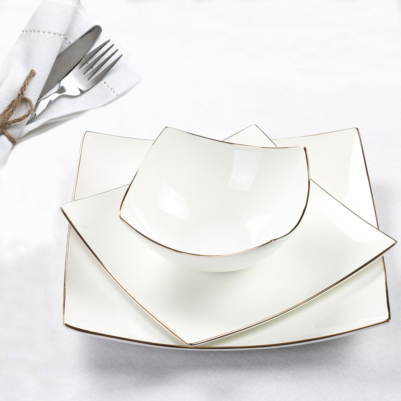 Juego de vajilla de porcelana blanca de , Plato cuadrado europeo de hueso, platos para carne, ensalada y sopa