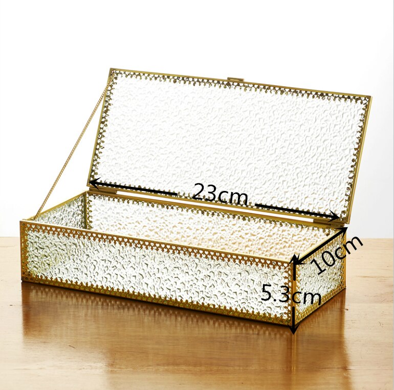 Joyero de cristal con borde dorado para el hogar, caja de almacenamiento de joyería, con , Simple y Retro, para exhibición de boda, decoración de escritorio: A