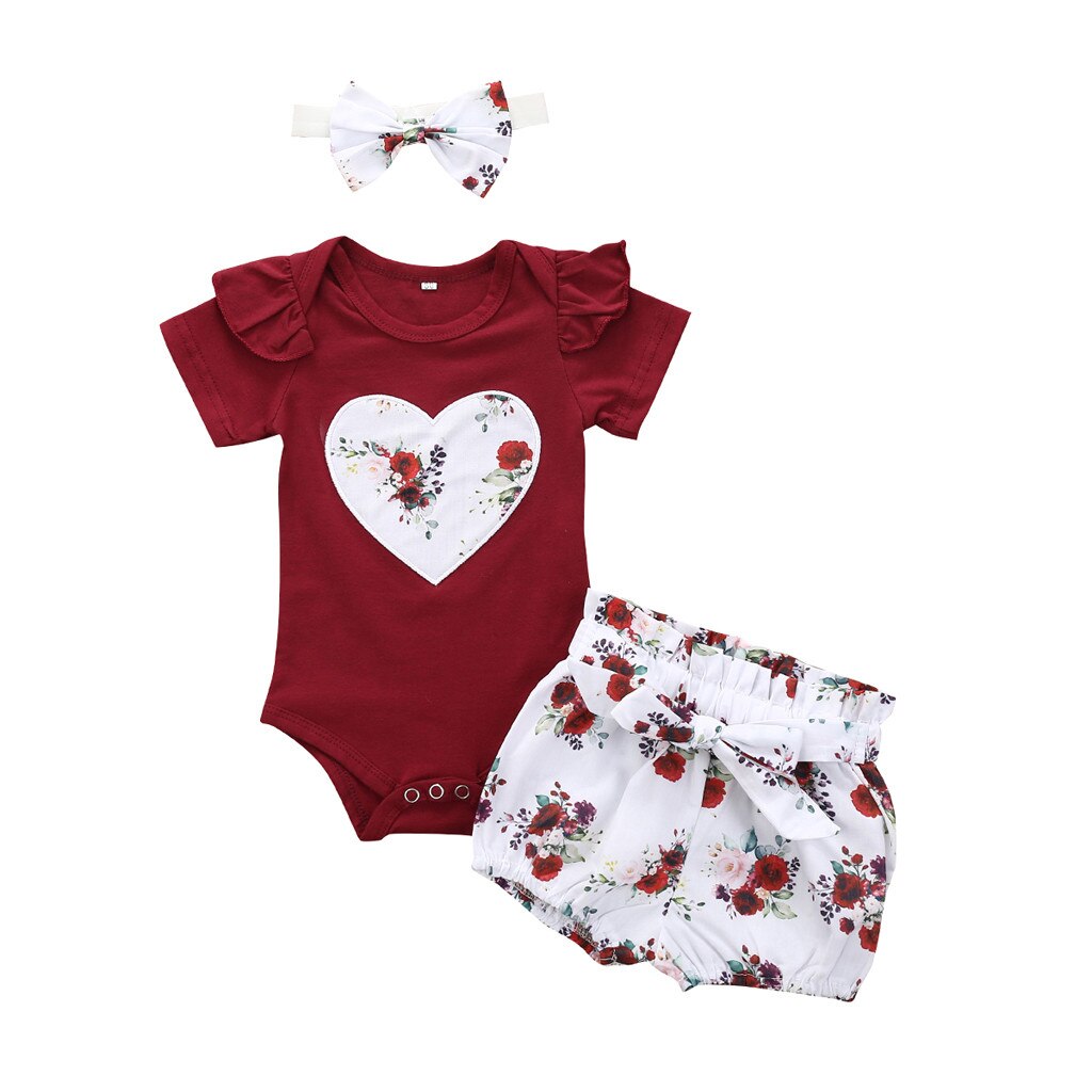 3Pcs Baby Sets Kleding Pasgeboren Baby Meisjes Bloemen Gedrukt Romper Bodysuit + Strik Shorts Outfits Baby Casual Zomer kleding: 12-18 Months