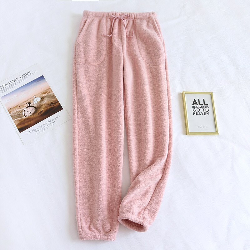 Pantalones de Casa gruesos y cálidos para mujer, ropa de dormir de terciopelo para parejas, de talla grande, suelta, de pijama, para invierno,: Women Pink / XL