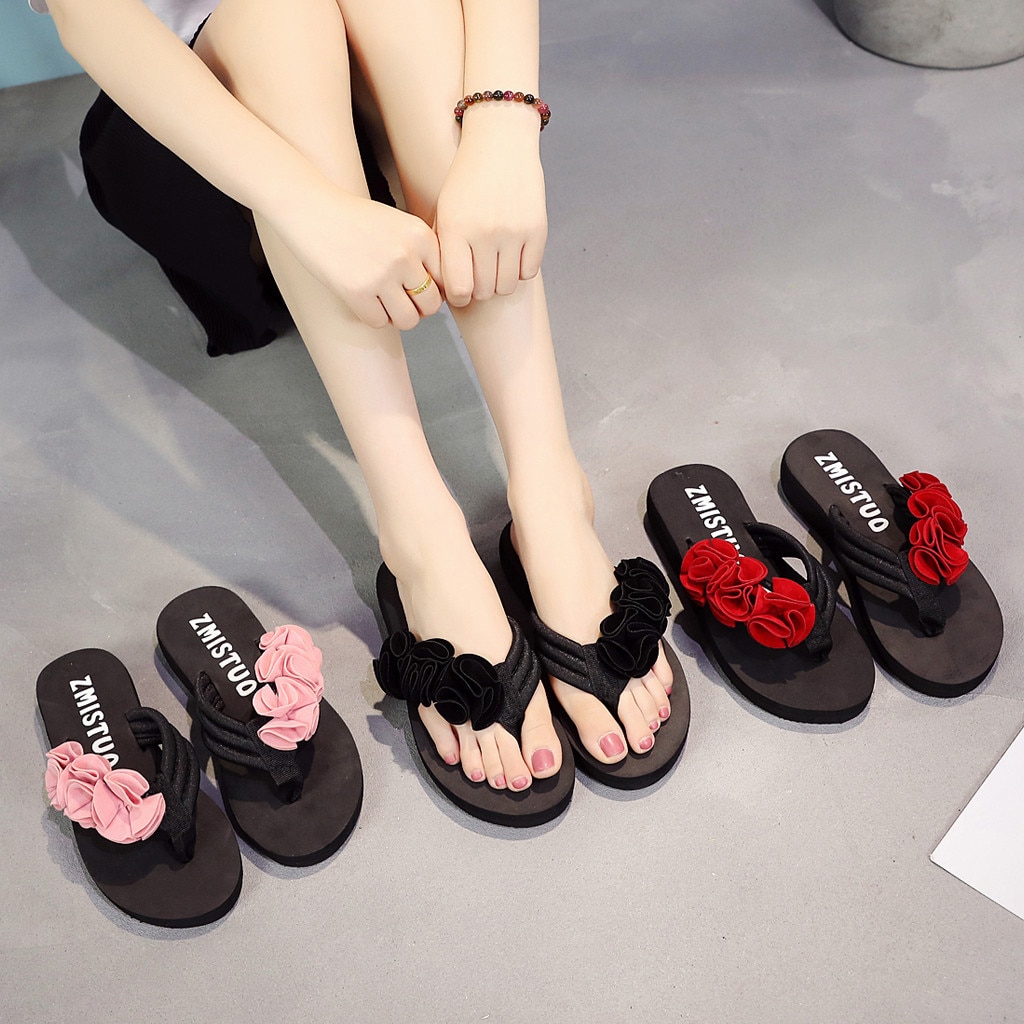 30^sandals Summer shoes woman Flower Clip Toe Flip Flops Non-Slip Wedges Beach Slippersкроссовки женские