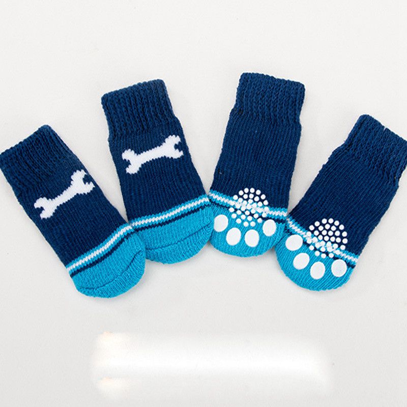 Meias para animais de estimação antiderrapante osso cachorro quente interior macio azul algodão 4 bonito