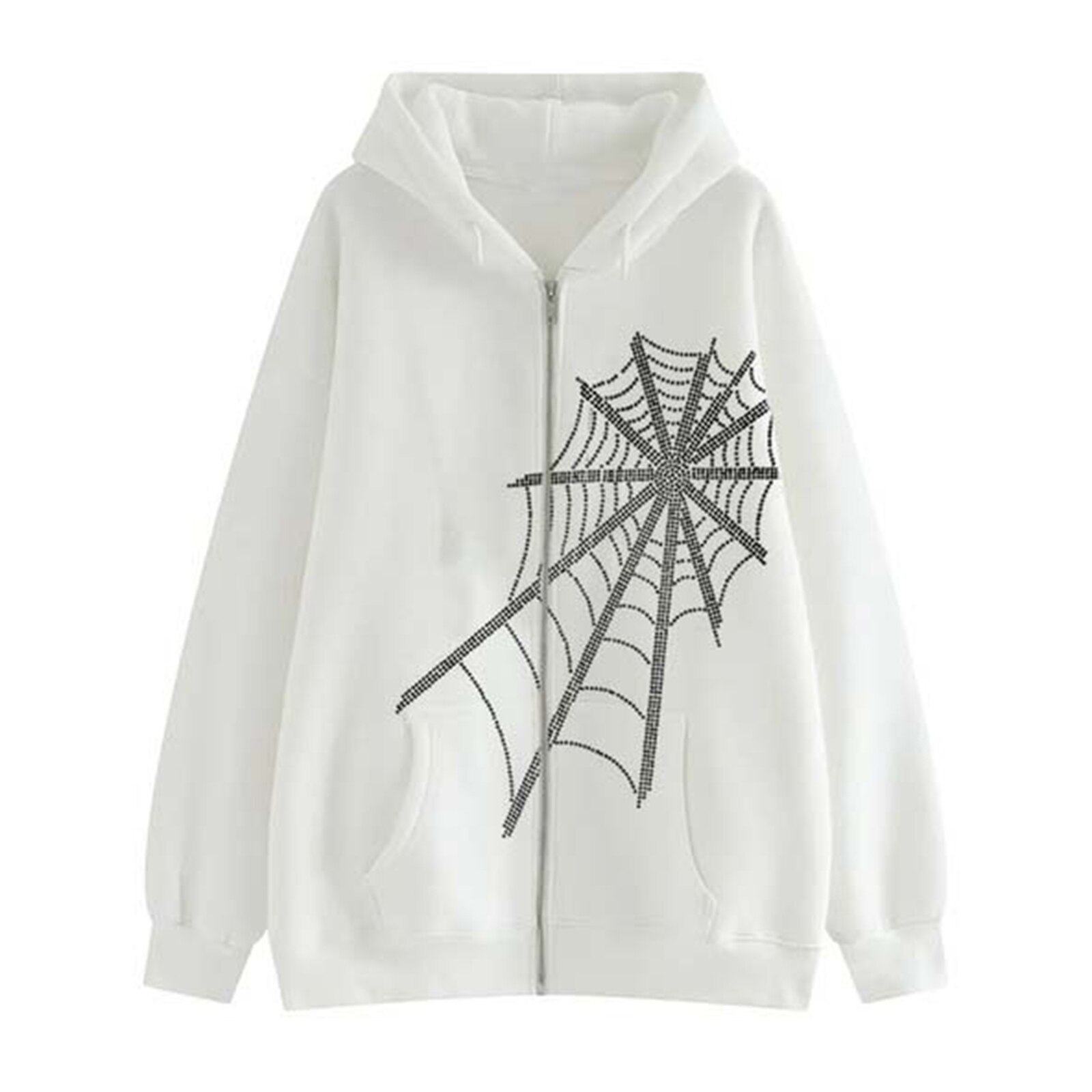 Women Hooded Sweater Adults Rhinestone Spider Web Pattern Long Sleeve Zipper Cardigan with Pocket: S / white