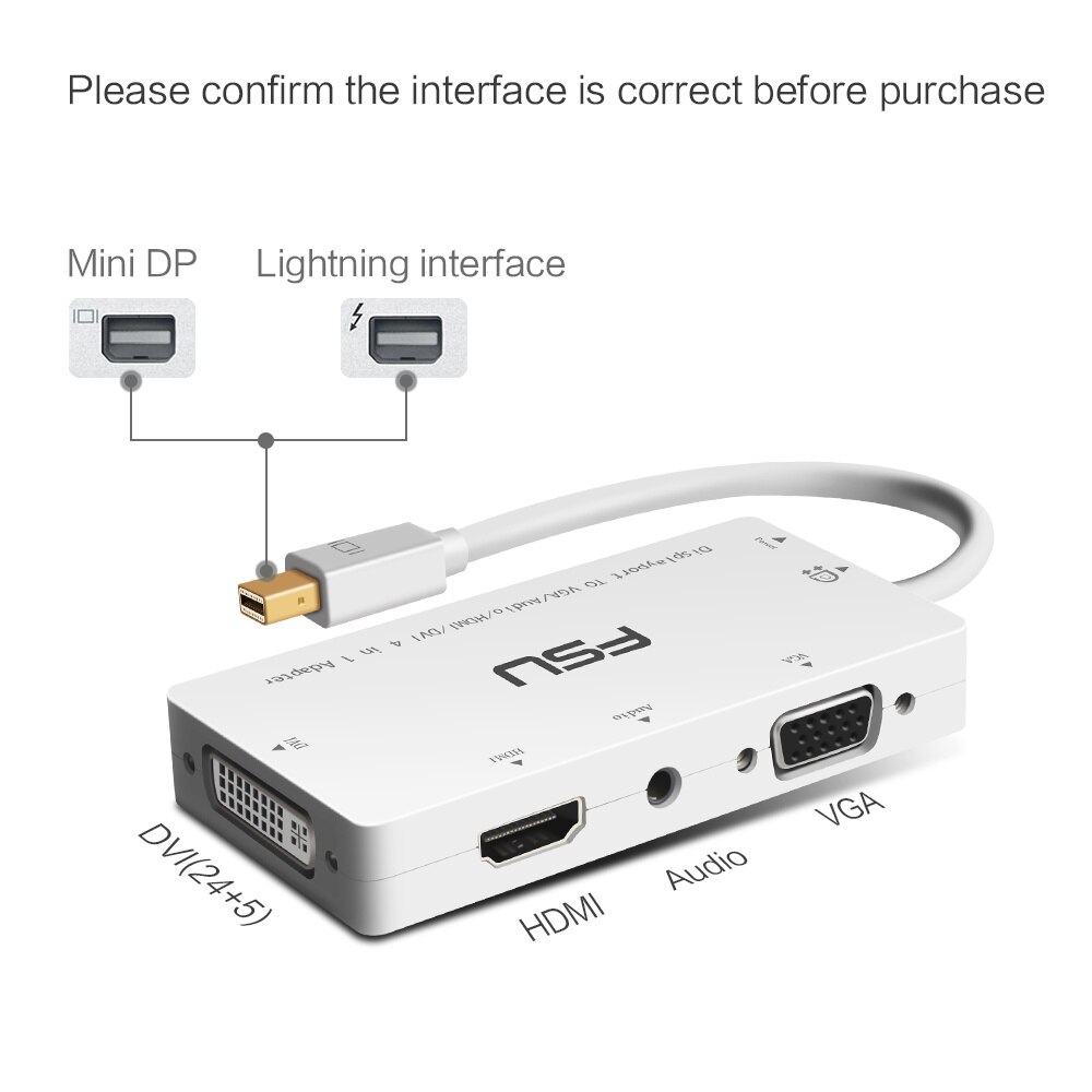 4 in 1 Thunderbolt Mini DisplayPort DP to HDMI DVI VGA Cable Connector for Apple MacBook Pro Air PC Mini DP to HDMI Audio Adaper