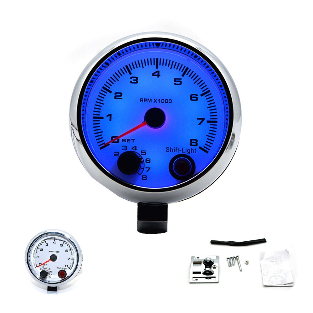 3.75" 95mm White Electrical Tachometer RPM Gauge With Internal Shift Light 4 6 8 Cylinders Chrome Rim