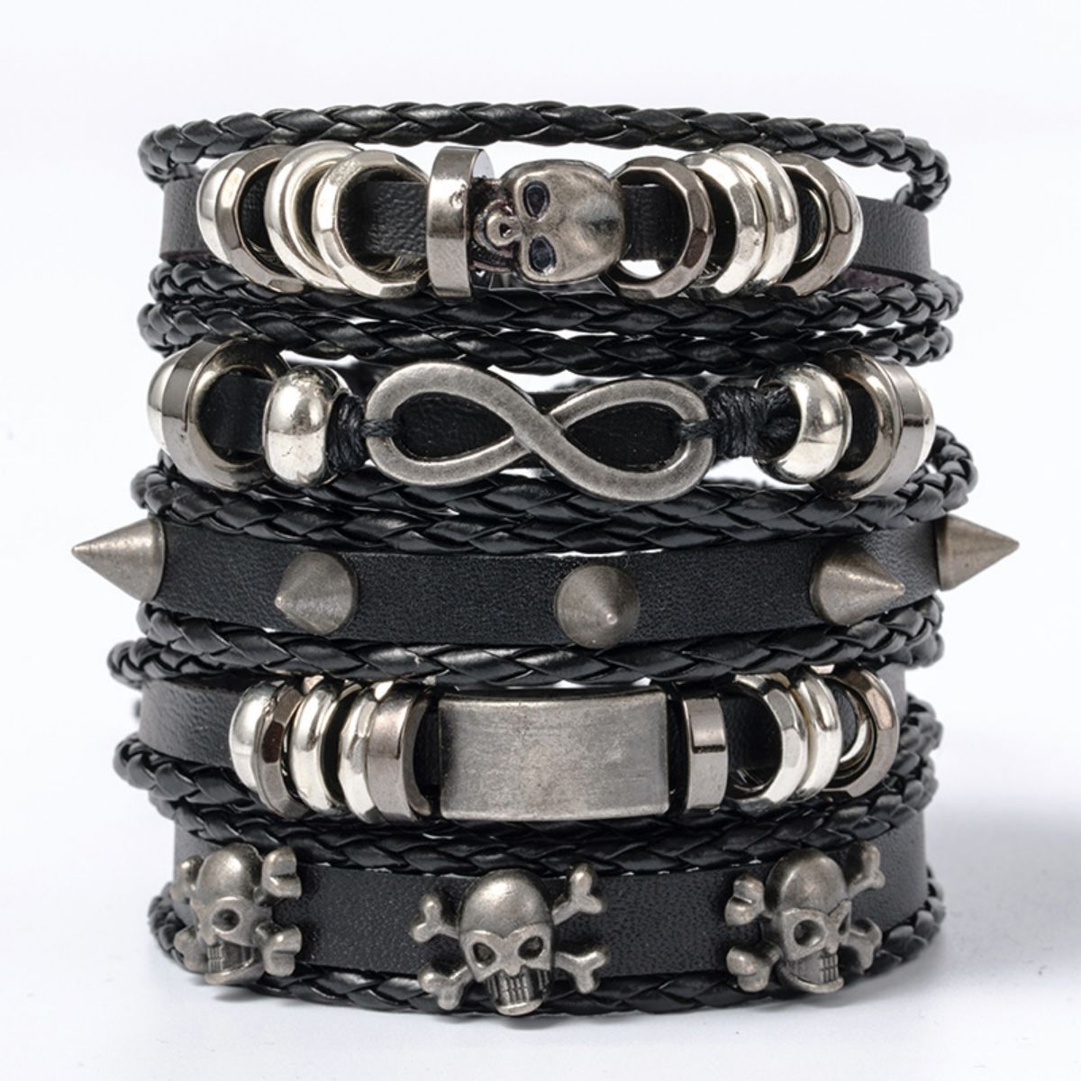 6 stks/set zwarte punk schedel & stervormige legering & pu lederen armband: Blauw