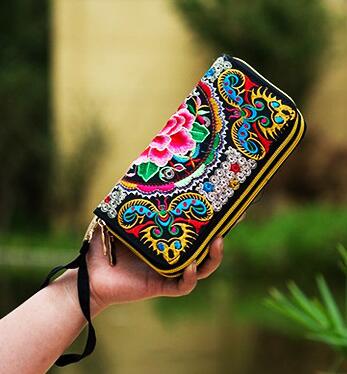 Britt etnisk stil dobbelt broderet dobbelt pull pung damebroderet dobbelt lynlås pung: G2