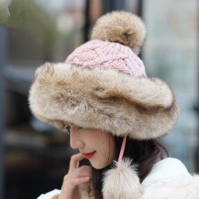 Xdanqinx Winter Vrouwen Hoed Elegante Dames Gebreide Muts Warme Dikke Bomber Hoeden Voor Vrouwen Anti-Koude Hoed Winter Ski Cap: pink