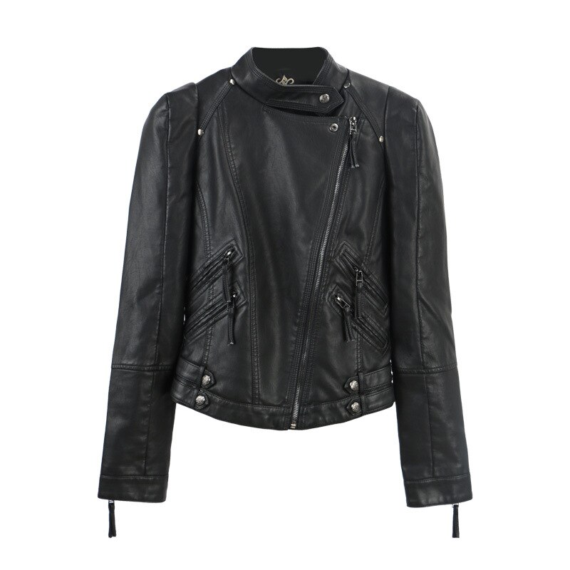 New Zipper Leather Jacket Bomber Slim Short Irregular Oblique Collar Coat Long Sleeved Leather Jacket Women Coats Buckle Belt