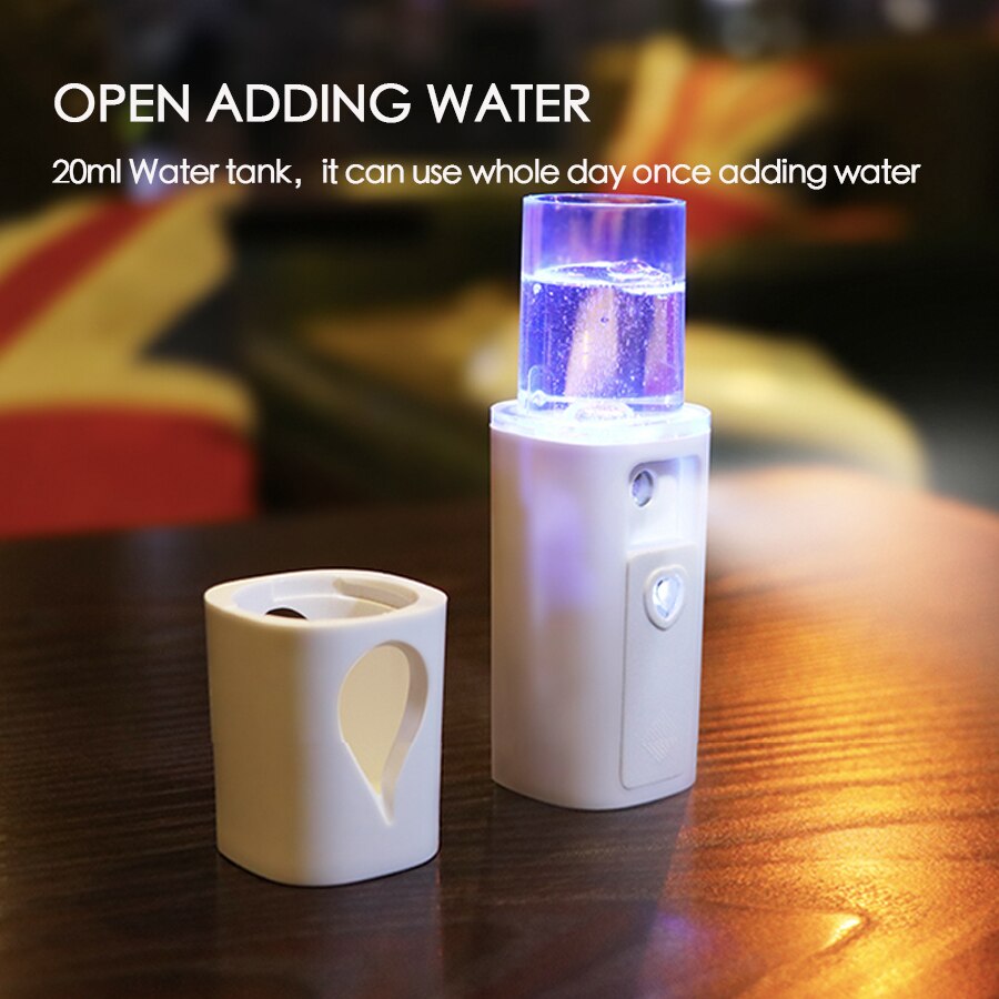 Mistgenerator, draagbare luchtbevochtiger, gezichtsfijne nanospray, automatische uitschakeling,  in 60s oplaadbare batterijen, led-nachtlampje