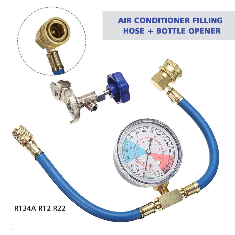 Blue Car R134A Refrigerant Connector Recharger Hose With Pressure Gauge Measuring Kit Stainless Steel Diagnostic Tool