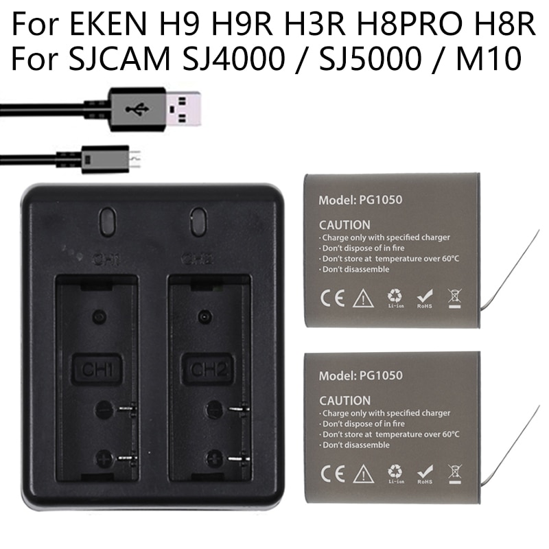 2 stuks X 1050 mAH PG1050 Camera Batterij + Dual Charger Voor EKEN H9 H9R H3R H8R H8PRO H8 SJ4000 SJ5000 M10 Actie Camera Batteria