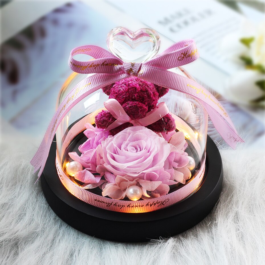 Getrocknete Blumen Ornamente Erhalten Rosen Bears in Glas Abdeckung mit Lichter Hochzeit Weihnachten Neue Jahr Wohnkultur für Mädchen: B29