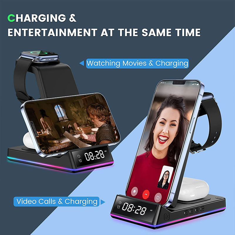 5 in 1 30w hopfällbar trådlös laddningsstation rgb-docka led-klocka snabbladdningsstation för iphone samsung galaxy watch 5/4 s22 s21