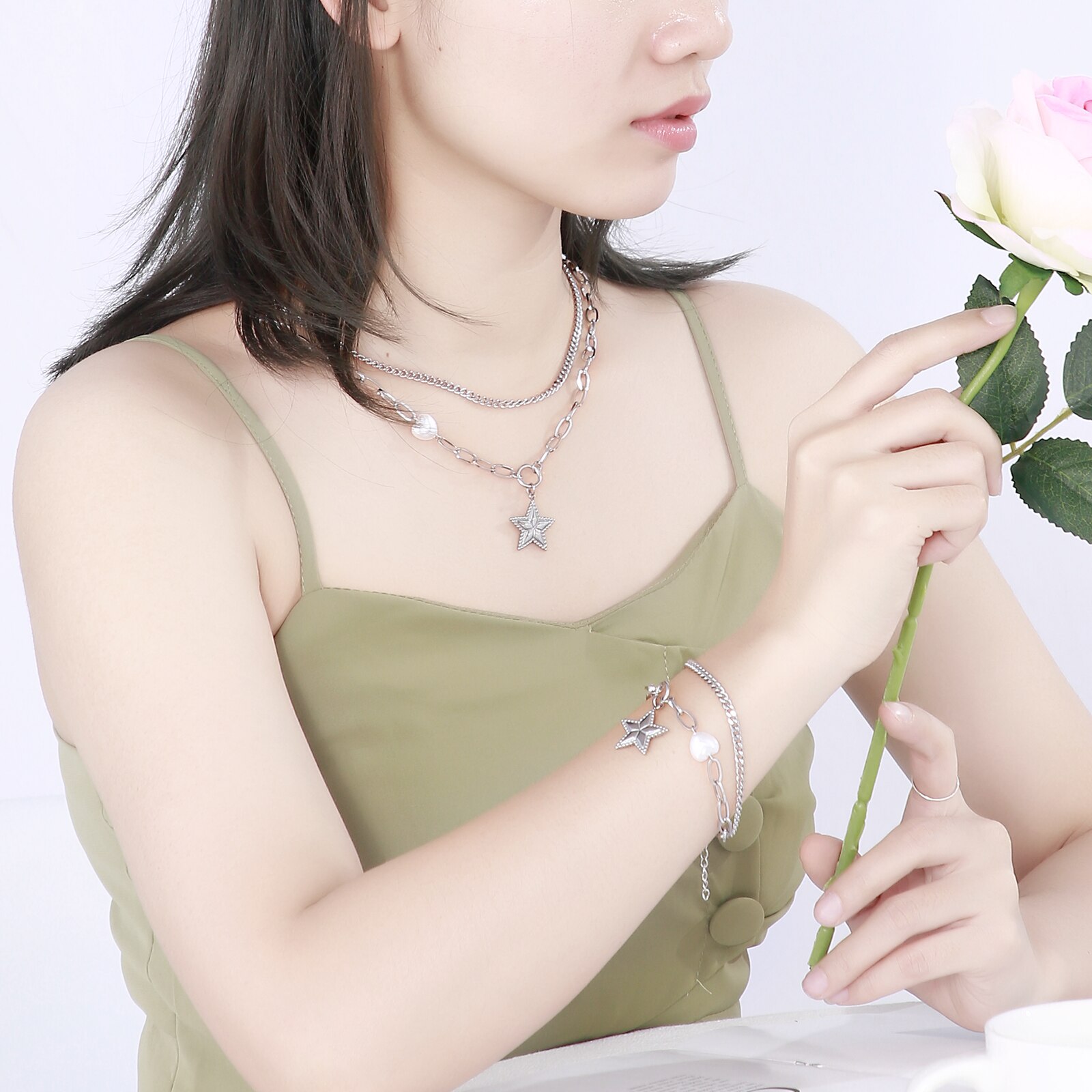 Kalen Dubbele Ketting Parel Ster Meisje Bedelarmband Dubbele Laag Goud Figaro Collier Voor Vrouwen Gouden Cubaanse Ketting