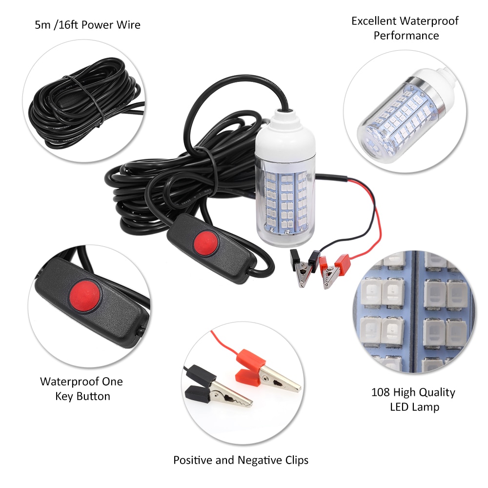 12V 15W Onderwater Vissen Trekken Licht LED Lamp Vissen Licht Lokt Vis Finder Lamp Trekt Garnalen Inktvis Krill (4 kleuren)