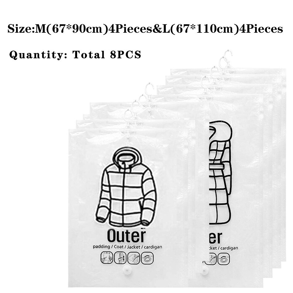 Hanging Vacuum Storage Bag Closet Organizer Space Saving Clear Seal Wardrobe Storage Bags With Hanger For Coats Jackets Suit: 4PCS M and 4PCS L