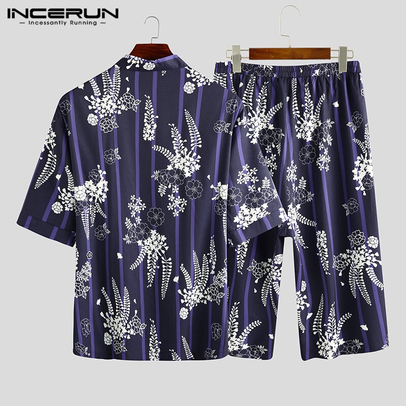 INCERUN Men Printed Pajamas Sets Half Sleeve Loose V Neck Sleepwear Tops Leisure Shorts Kimono Homewear Men Nightwear Suit S-5XL