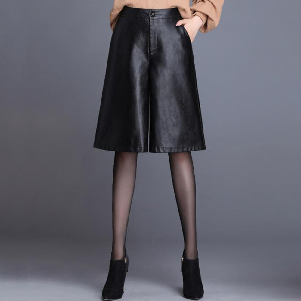 Zwart Pu Lederen Bermuda Voor Vrouwen Losse Lange Shorts Motorfiets Punk Hoge Taille Knielengte Bermuda Femme