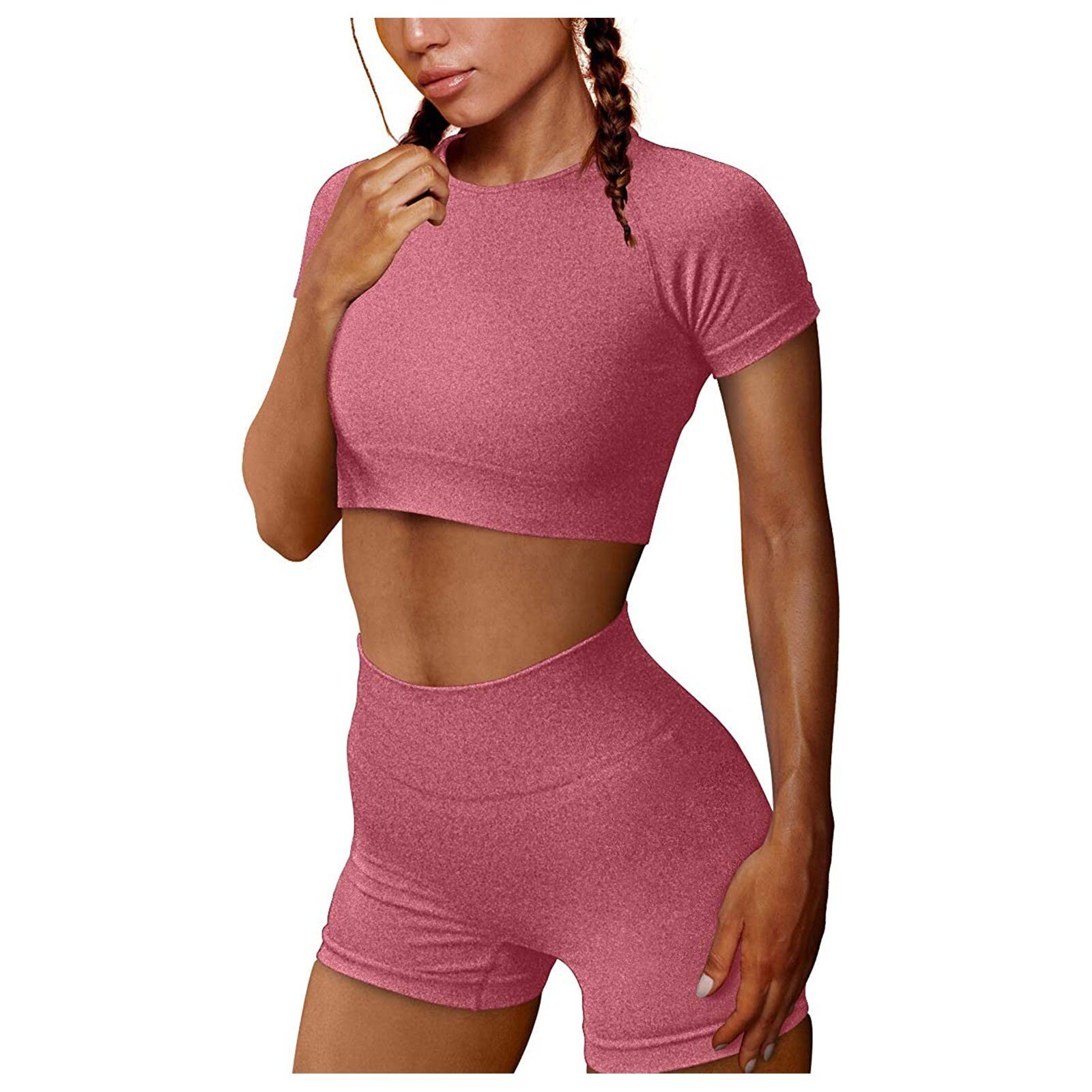 Zomer Naadloze Yoga Set Vrouwen Kleding 2 Stuk Sport Crop Top T-shirt + Shorts Leggings Push Up Fitness Workout gym Pak #7: Roze / S