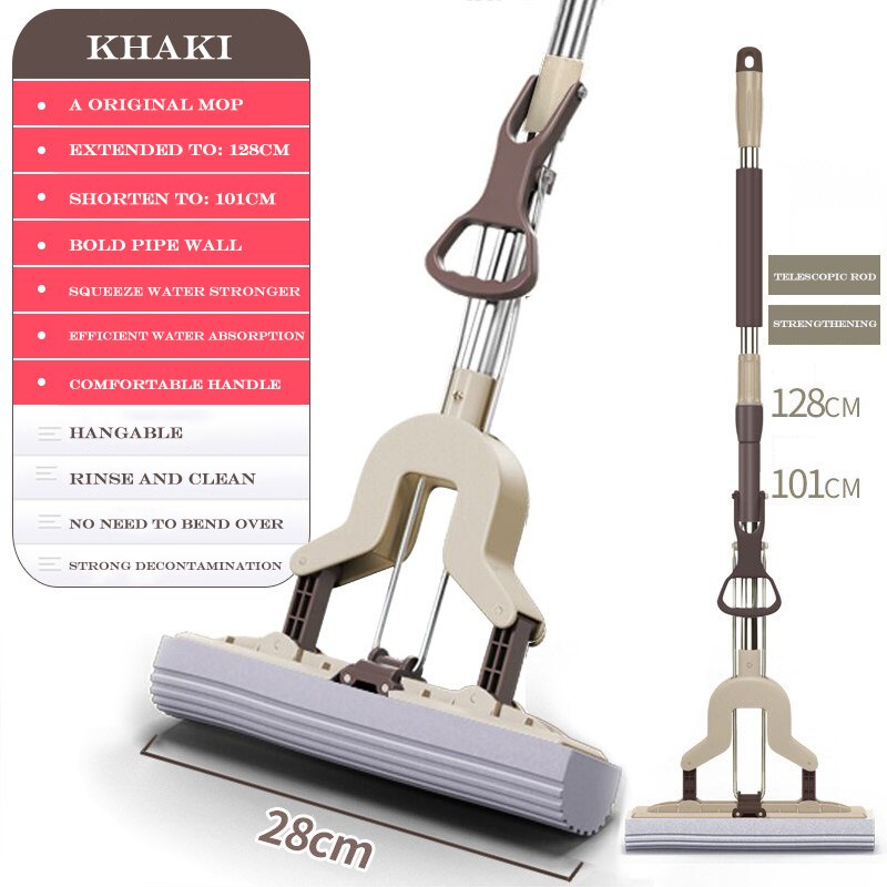 Klemtype sterke automatische absorberende spons dweil roestvrijstalen handvat microvezel pad vloerreinigingsdweil schoonmaakgereedschap voor thuis: Khaki