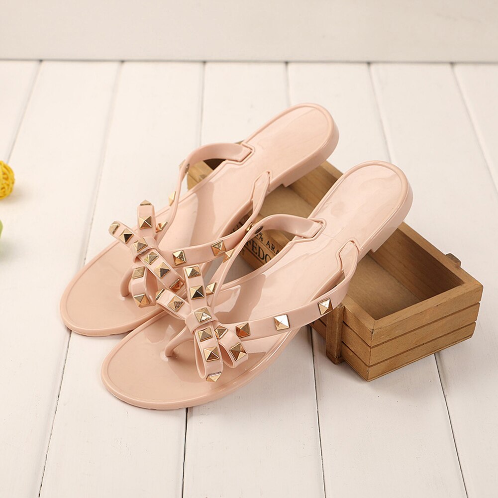 Kvinner sandaler flat jelly sko sløyfe v flip flops stud strandsko sommer nagler tøfler thong sandaler naken