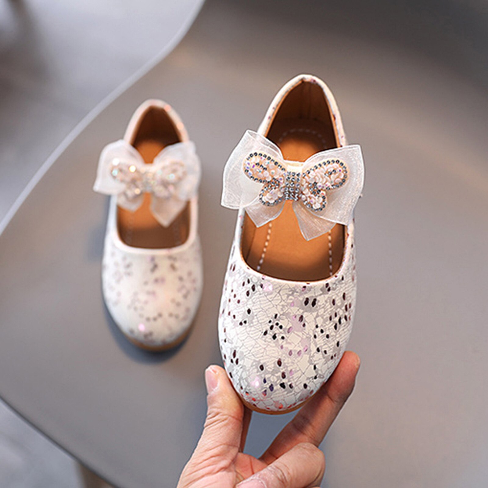 Crystal Flat Heel Girls Single Shoes Butterfly Shoe Children Girls Crystal Butterfly-knot Princess Shoes Single Shoes#g30: Beige / 11.5