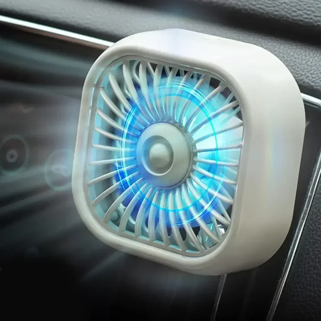 Mini ventilador de refrigeración para salida de aire de coche, luz LED colorida, ventilador con Clip USB de bajo ruido, salida de aire para coche de 3 velocidades, Mini aire acondicionado: BLANCO