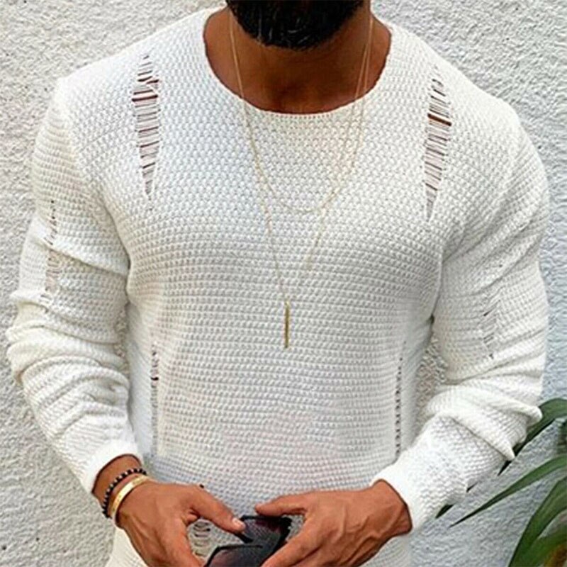 Efterår mænd revet sweater bomuld blød han vinter varm strik tøj afslappet sej pullover o-hals langærmet herre trøje: L