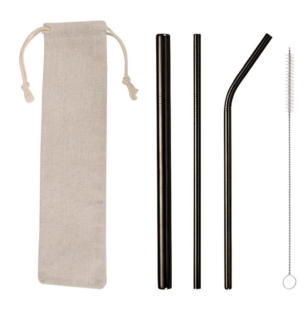 Reusable Drinks Straw Eco Friendly 304 Stainless Steel Metal Straws with Clean Brush Coffee Drinking Tube Set: Black