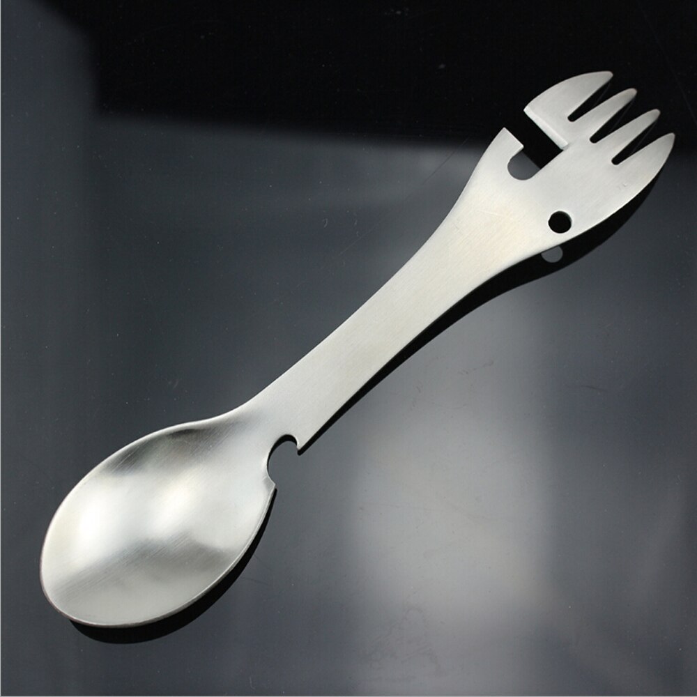 5-IN-1 Bestek Camping Lepel Vork Voedsel Cutter Kan Flesopener multifunctionele Picknick BBQ Roestvrij staal Outdoor Servies: silver