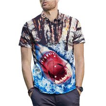 Zomer Mens Shark Shirts Korte Mouw Afdrukken Slim Mannen Blouse Casual Kleding Strand Overhemd