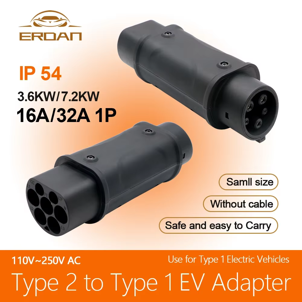 ERDAN 32A 1Phase 7,2 kW EV-Ladegerät-Adapter J1772 auf IEC62196 Adapter Typ2 auf Typ1 Elektrofahrzeug-Ladeanschluss