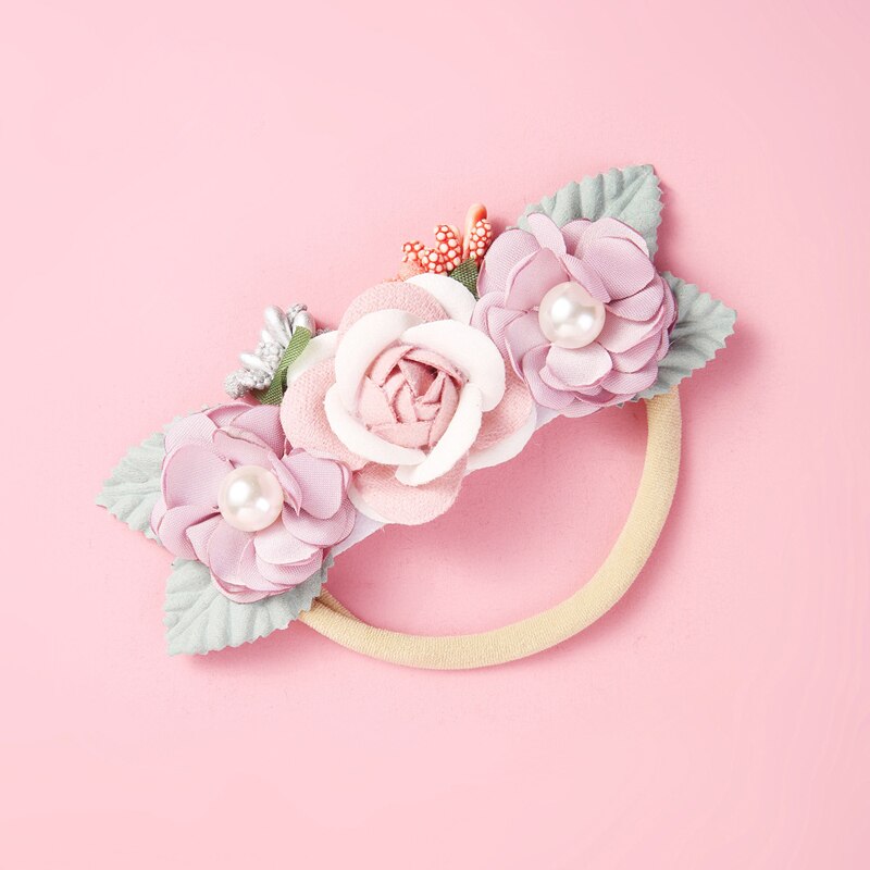 Balleenshiny Children's Headdress Baby Headband Handmade Pearl Stitching Flower Hair Band Seamless Elastic Rubber Hairband: 2